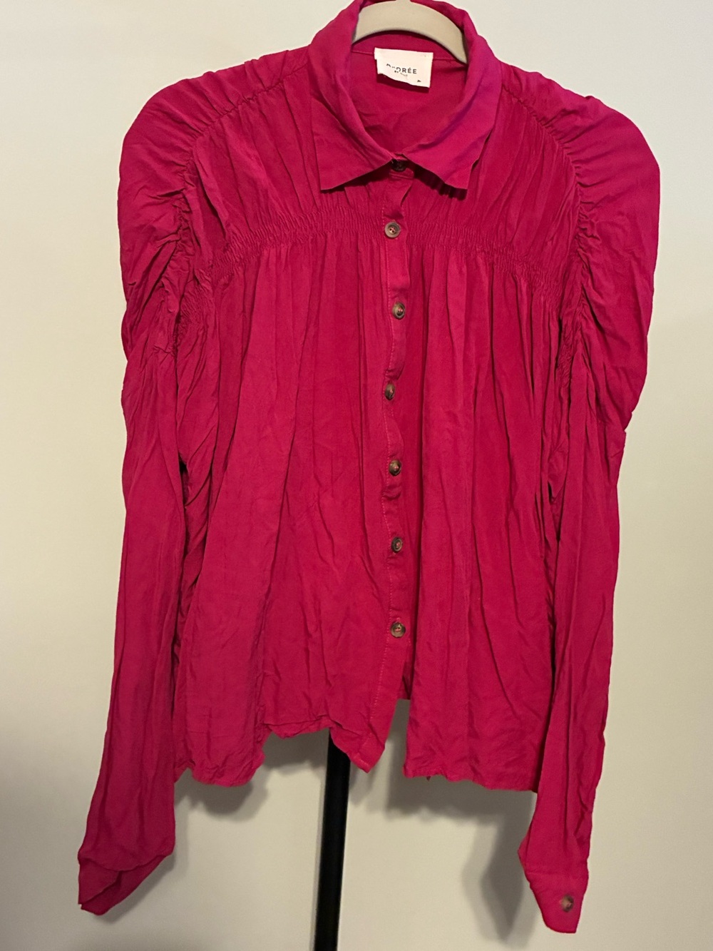 ANDREE BY UNIT Pink Button-Down Shirred Shoulder Long Sleeve Blouse Medium - Picture 4 of 6